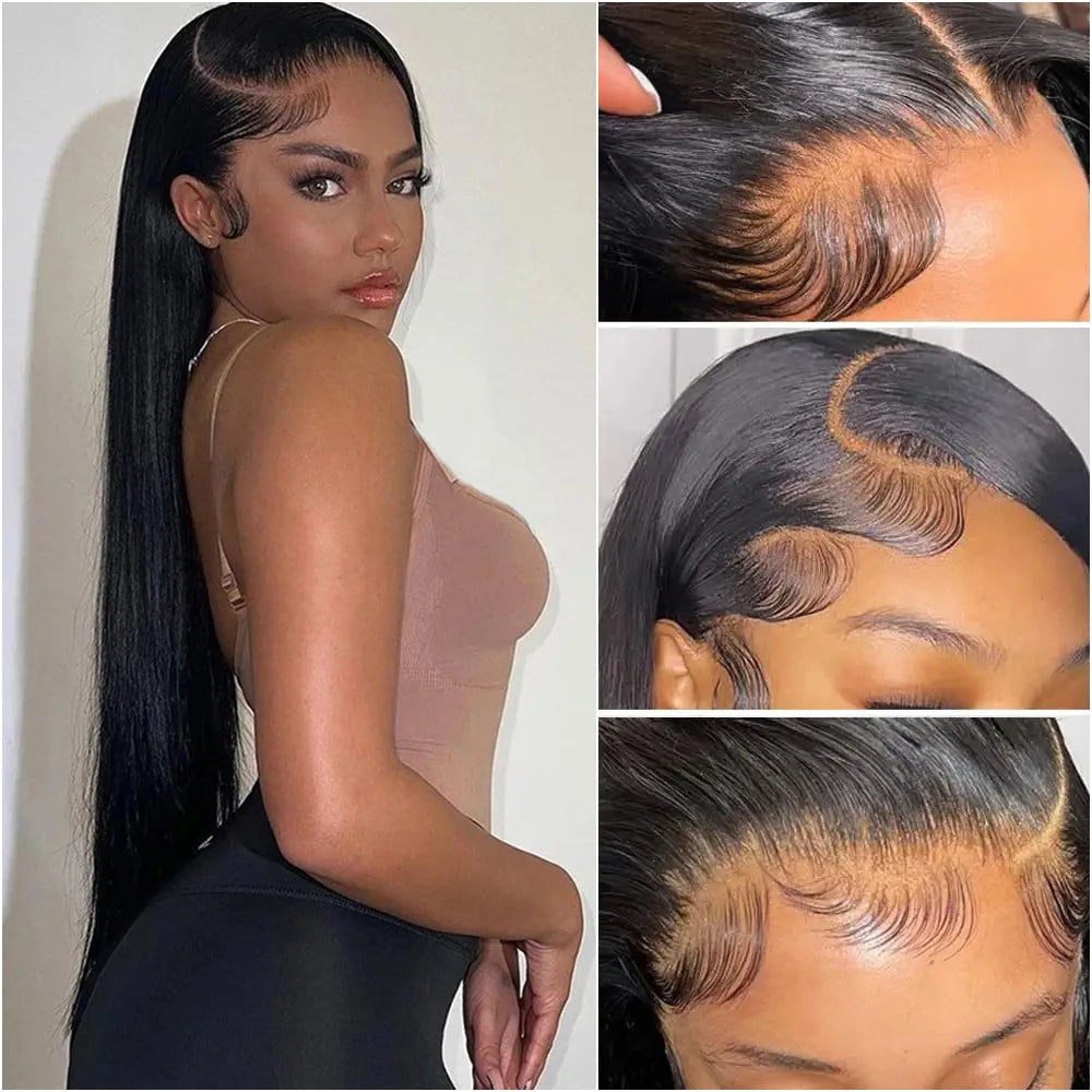 30 34 38 Inches 200 Density Straight 13x6 HD Transparent Lace Natural Color Brazilian Human Hair Wig