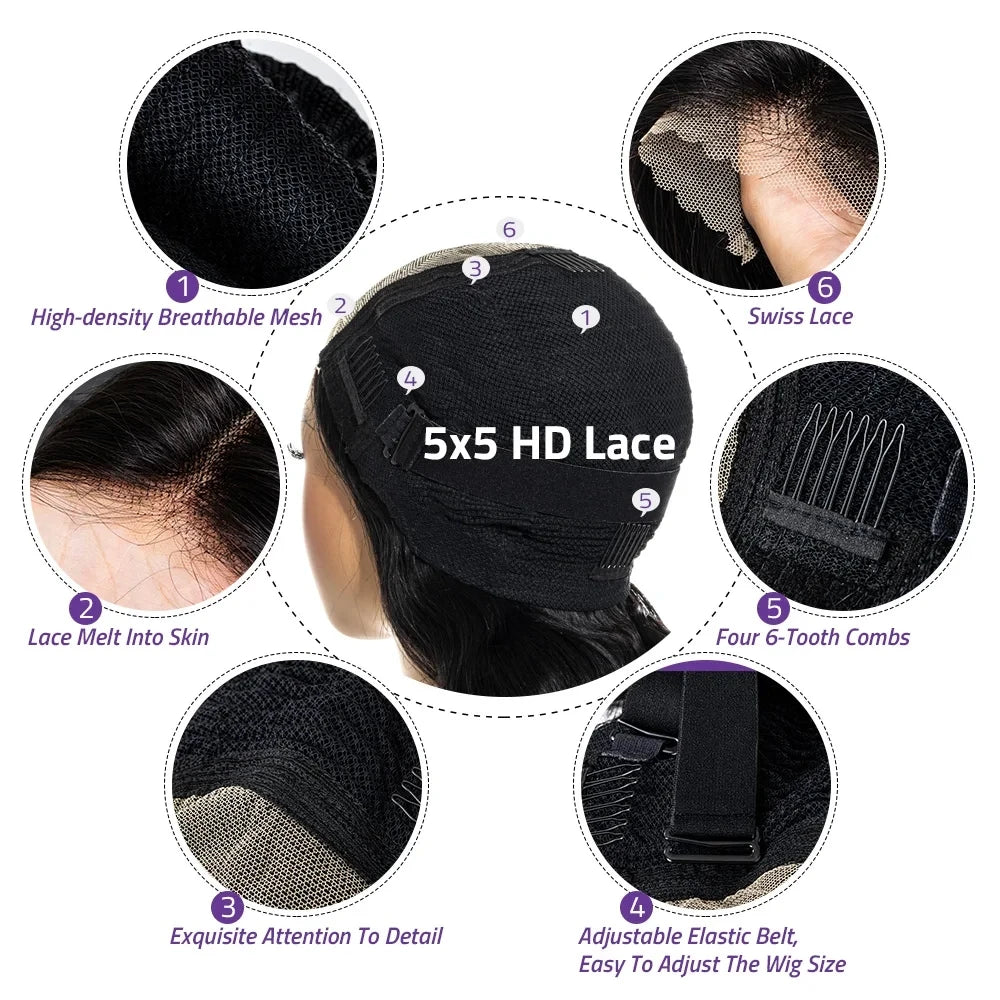 5x5 Glueless 13x6 HD Transparent Bone Straight Lace Frontal Wig